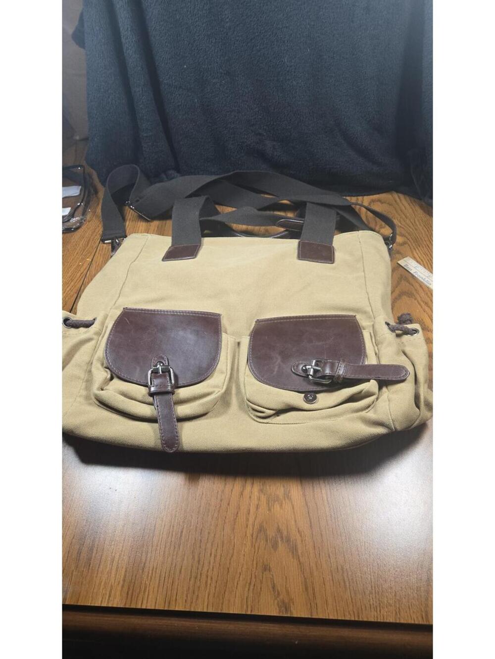 Canvas and Leather Messenger Bag with Multiple Pockets